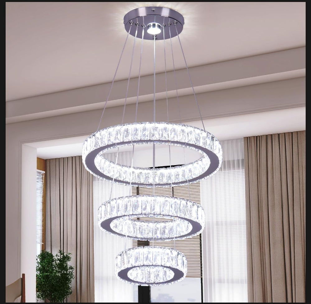 3-Ring Crystal LED Chandelier Adjustable Height 52W 6500K