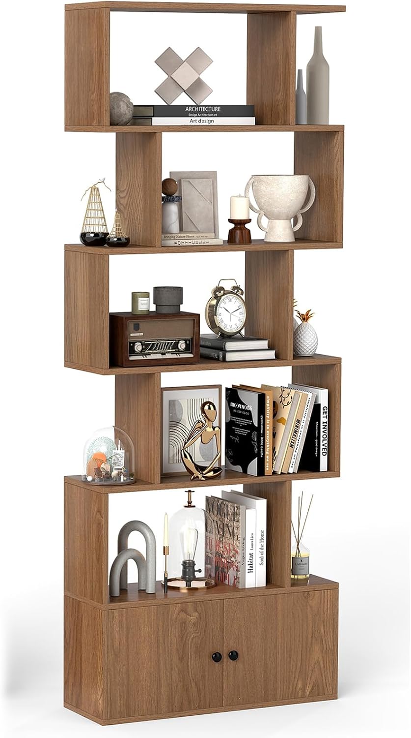 5 6-Tier Bookcase Wooden S-Shaped Storage Bookshelf