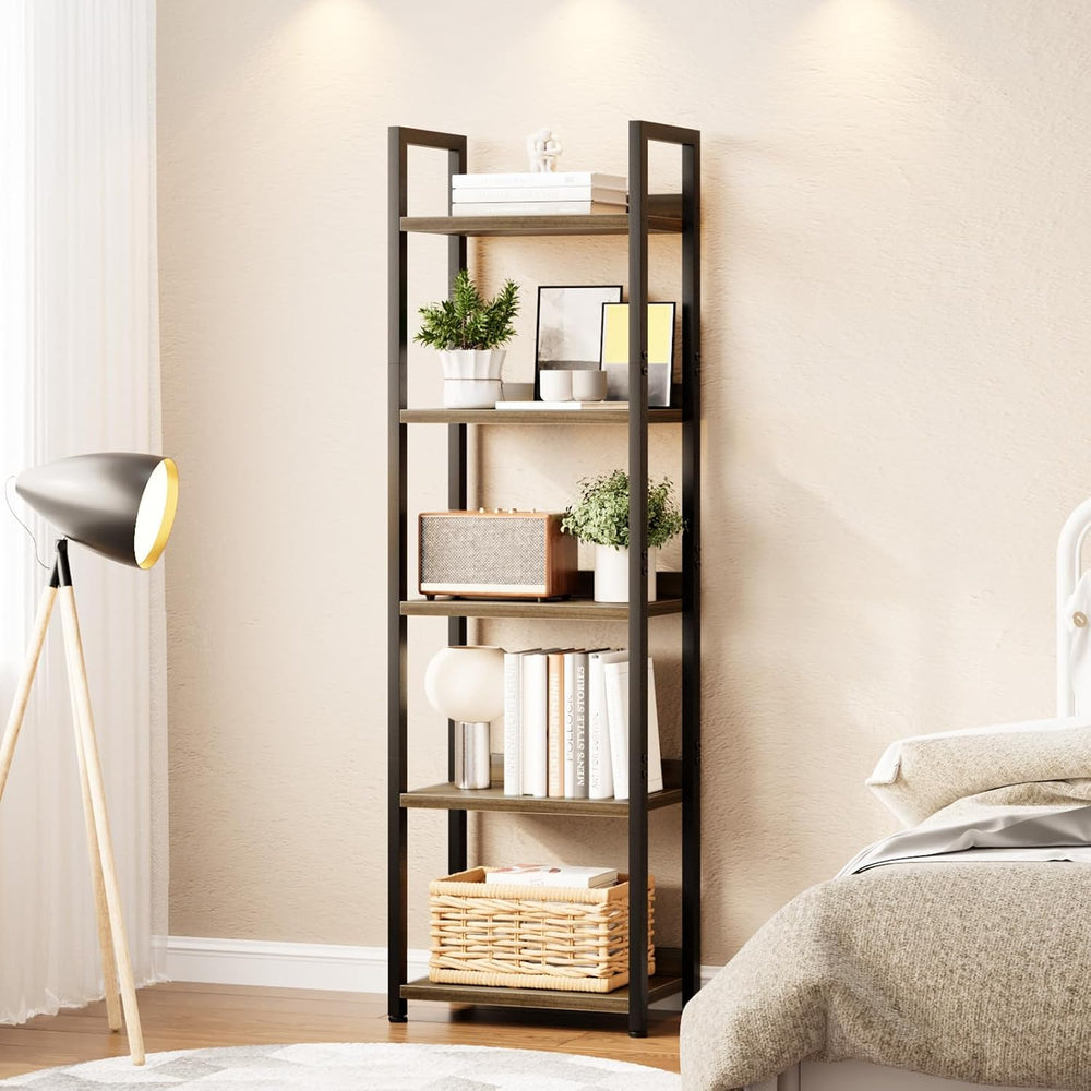 5 Tier Slim Bookshelf Bookcase with Backboard