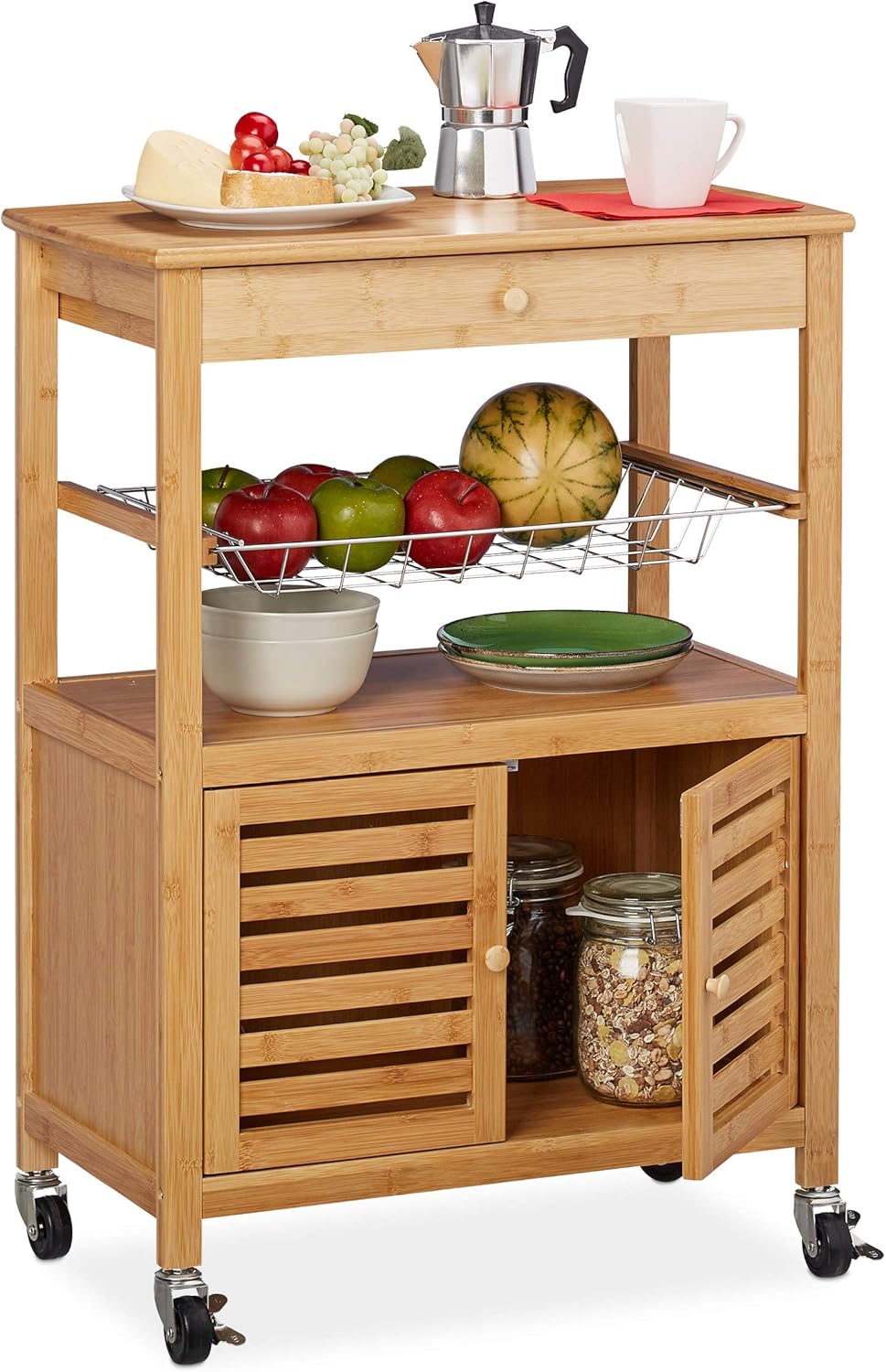 Bamboo Kitchen Trolley Worktop Cabinet Basket Serving Cart