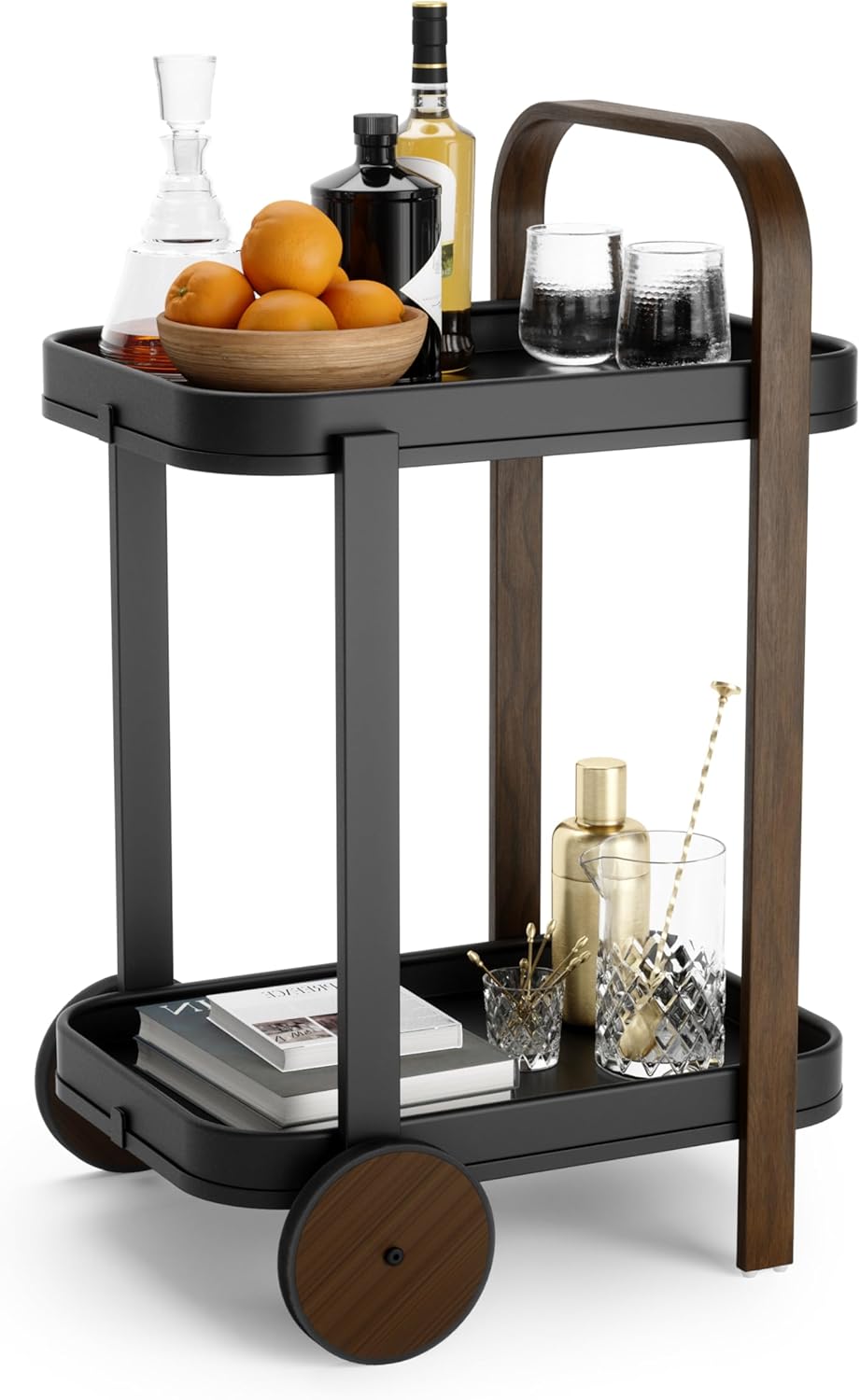 Bar Cart Rolling 2-Tier Storage Walnut