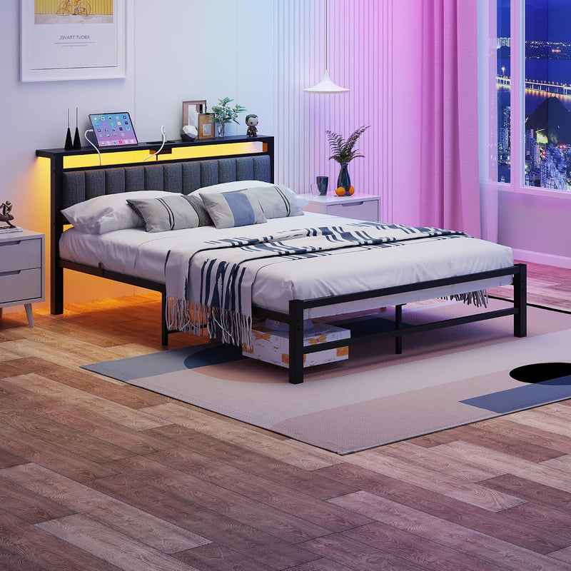 Bed Frame with Storage Headboard Upholstered Kingsize Charging