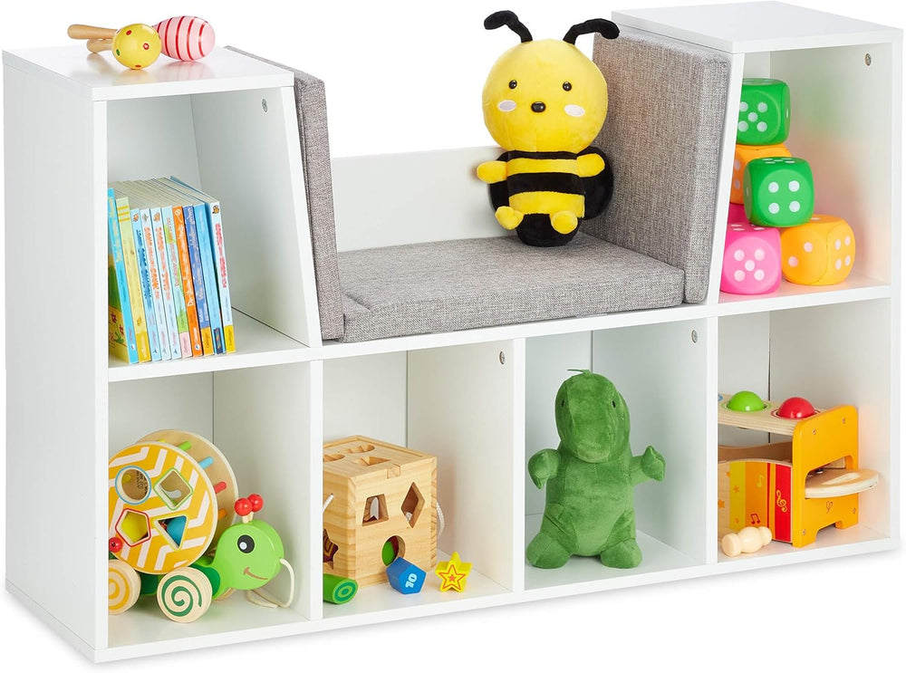 Bookcase with Seat Cushion Book Shelf 6 Compartments
