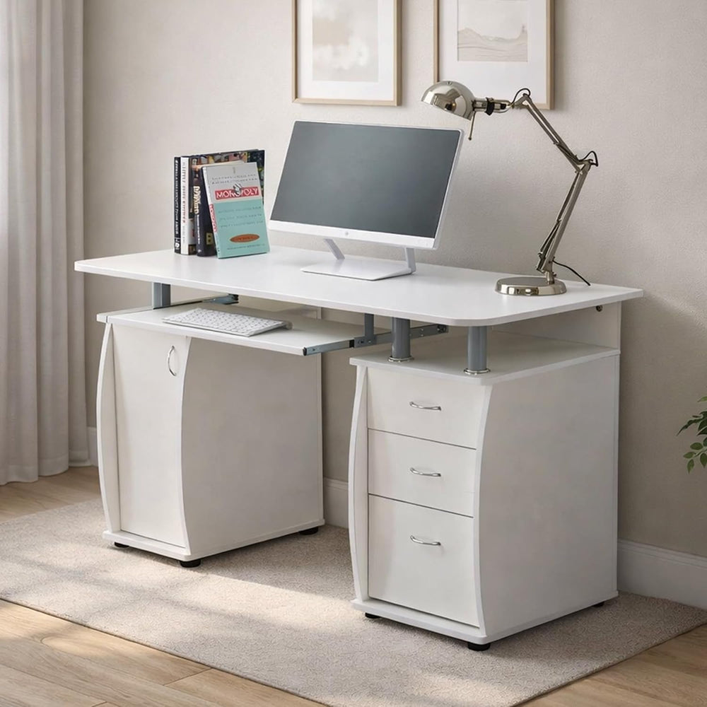 Computer Desk with 3 Drawers Cupboard Keyboard Shelf