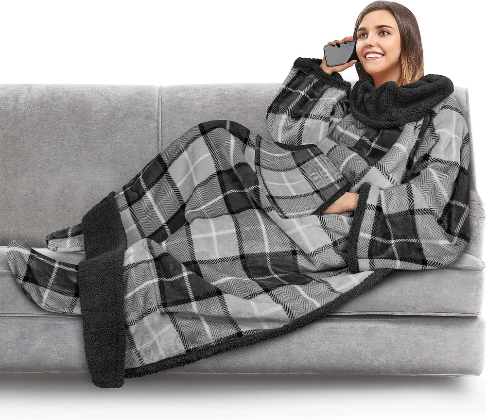 Fleece Blanket with Sleeves Foot Pockets for Women