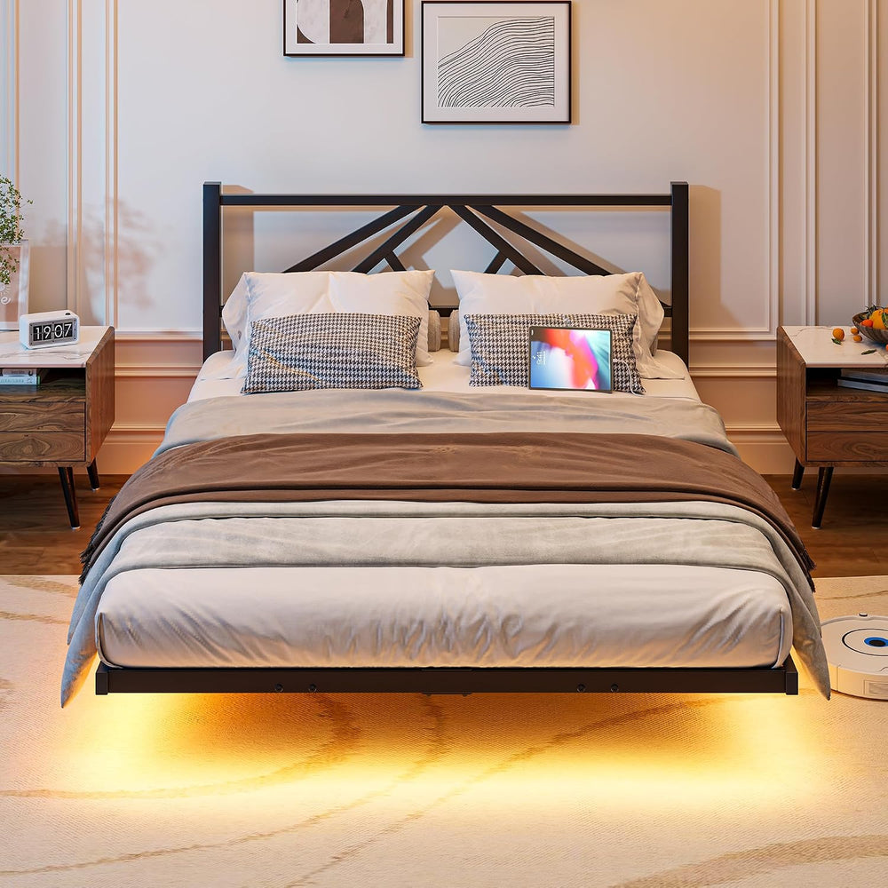 Floating Bed Frame with LED Lights Charging Station