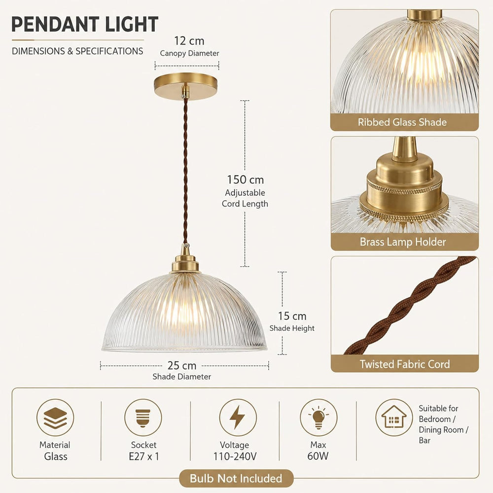 Industrial Ribbed Glass Pendant Light E27 Brass Base