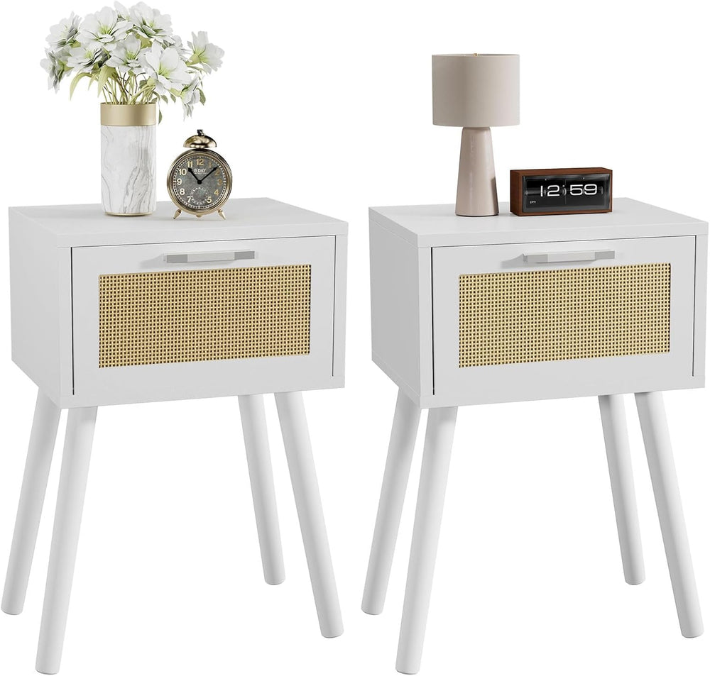 Nightstand End Table Small Bedside Handmade Rattan Decorated (Set of 2)