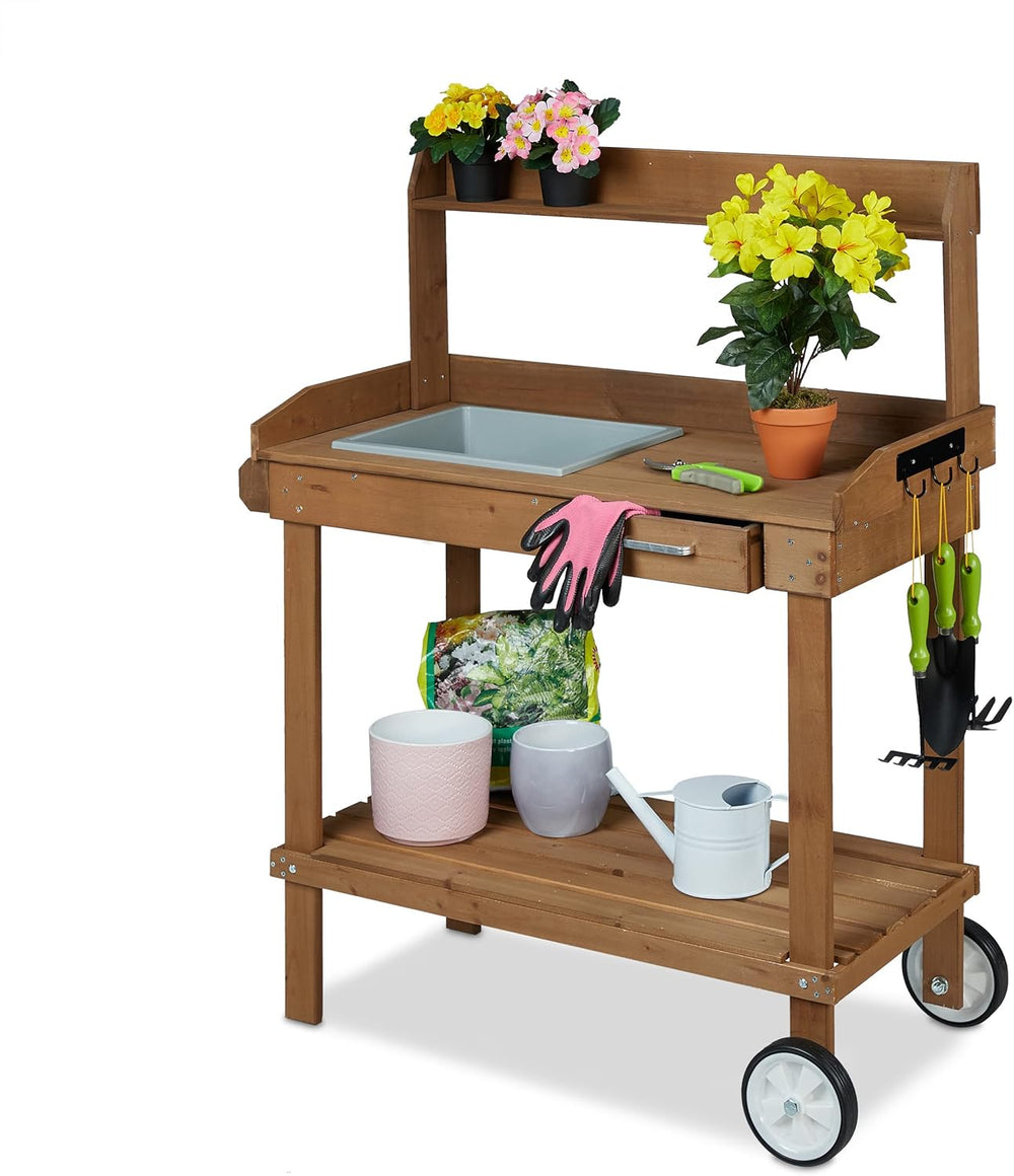 Planter Table with Wheels Repotting Stand Wooden Garden
