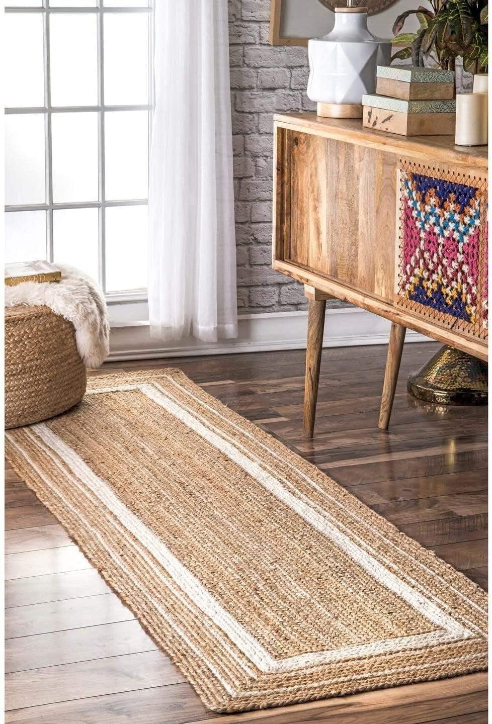 Runner Jute Rug in + Line Handmade Area Carpet