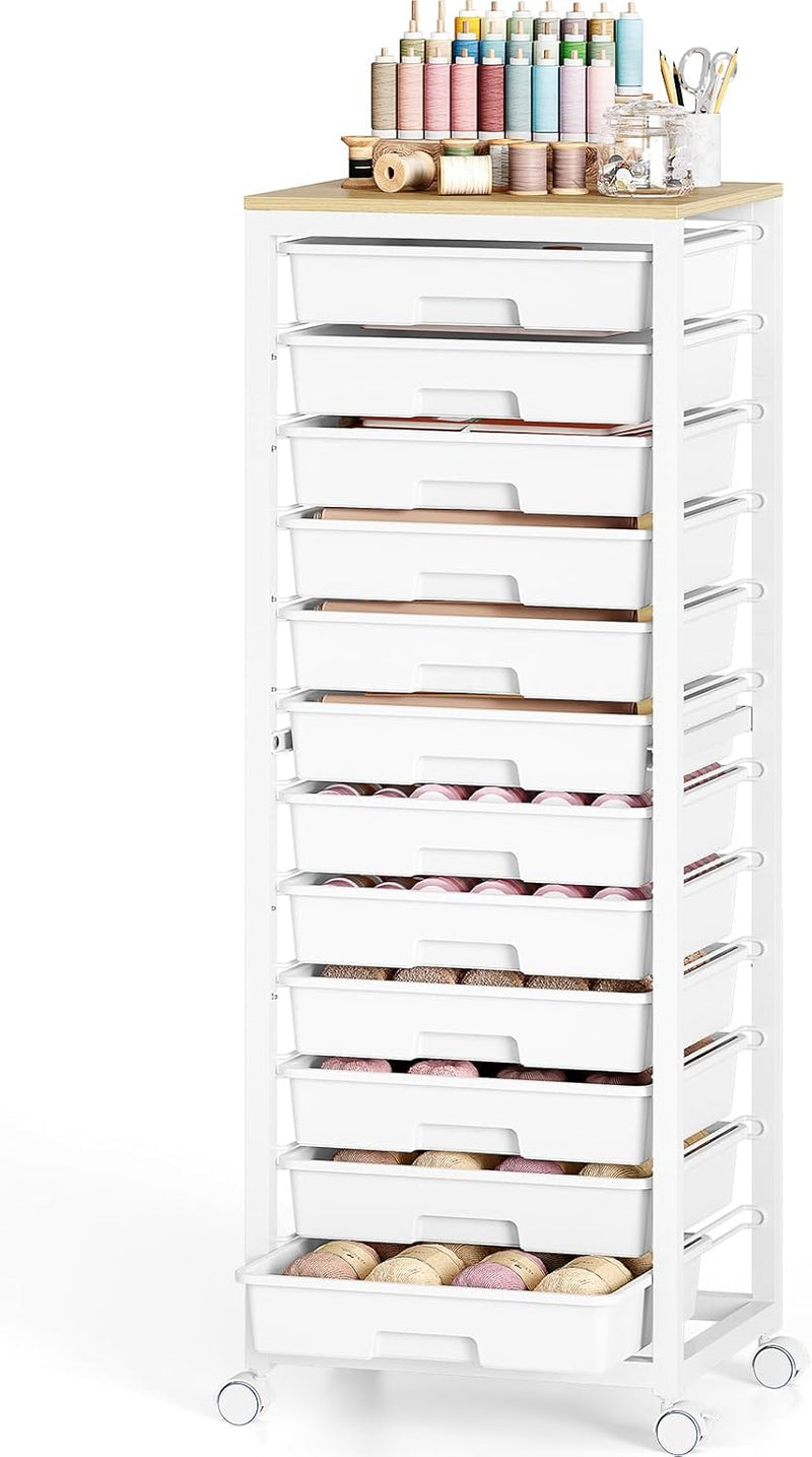 10-Drawer Storage Trolley Rolling Cart with Wooden Top