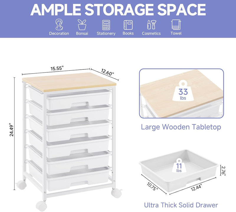10-Drawer Storage Trolley Rolling Cart with Wooden Top