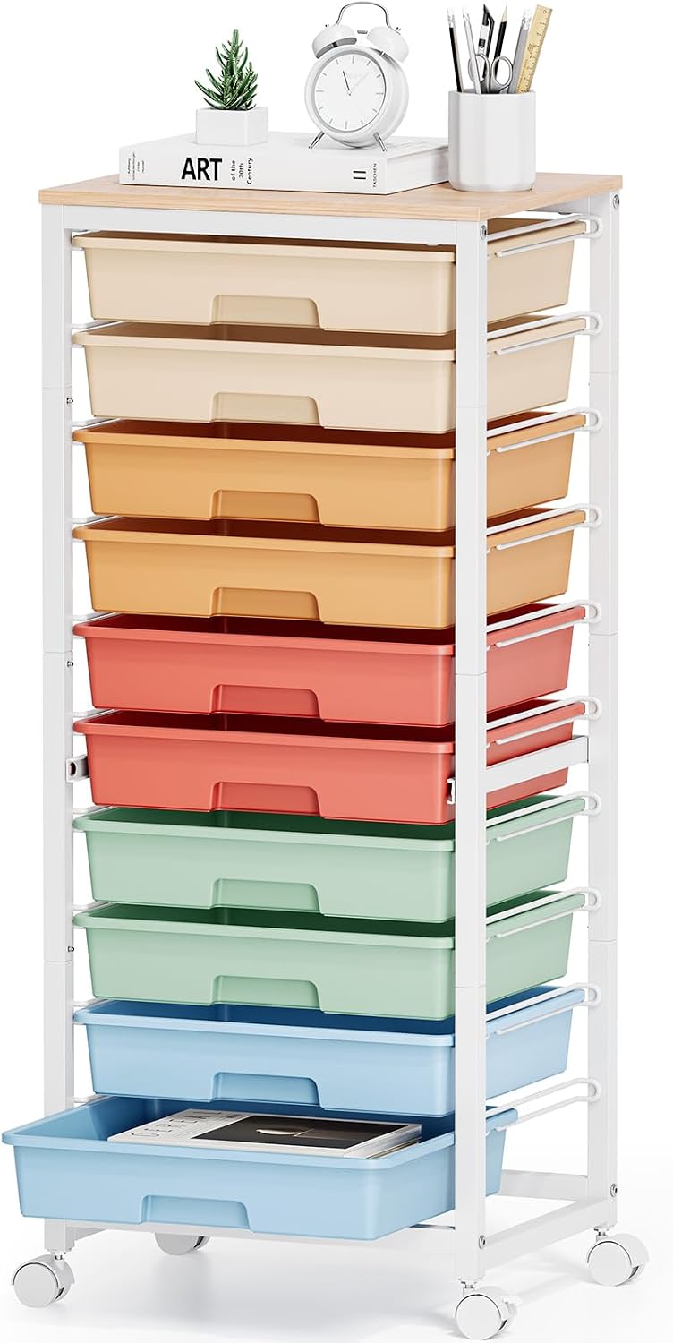 10-Drawer Storage Trolley Rolling Cart with Wooden Top