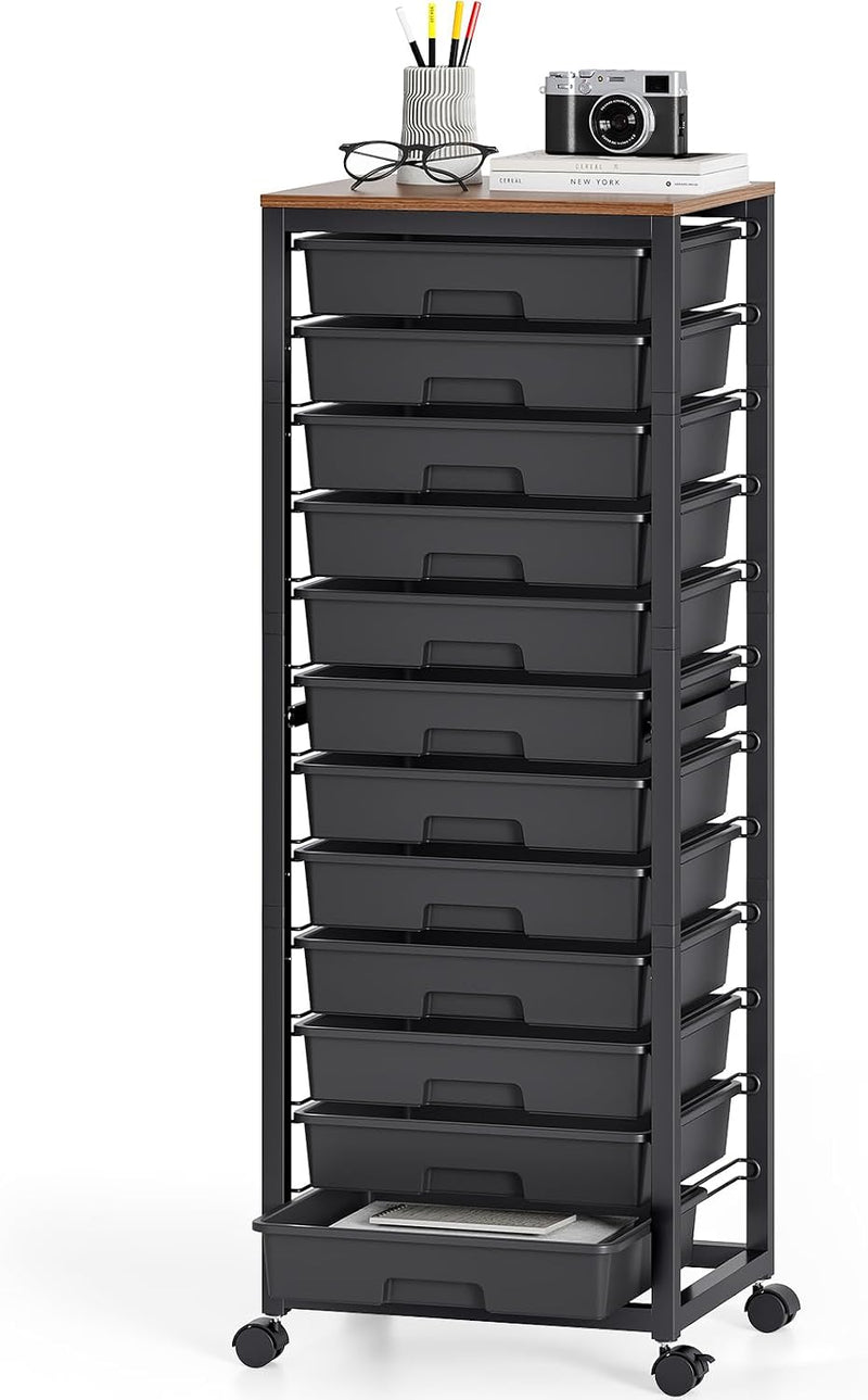10-Drawer Storage Trolley Rolling Cart with Wooden Top
