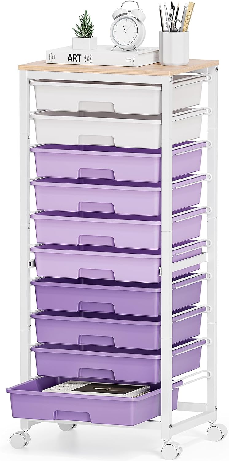 10-Drawer Storage Trolley Rolling Cart with Wooden Top