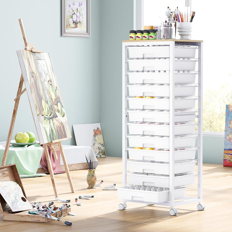 10-Drawer Storage Trolley Rolling Cart with Wooden Top