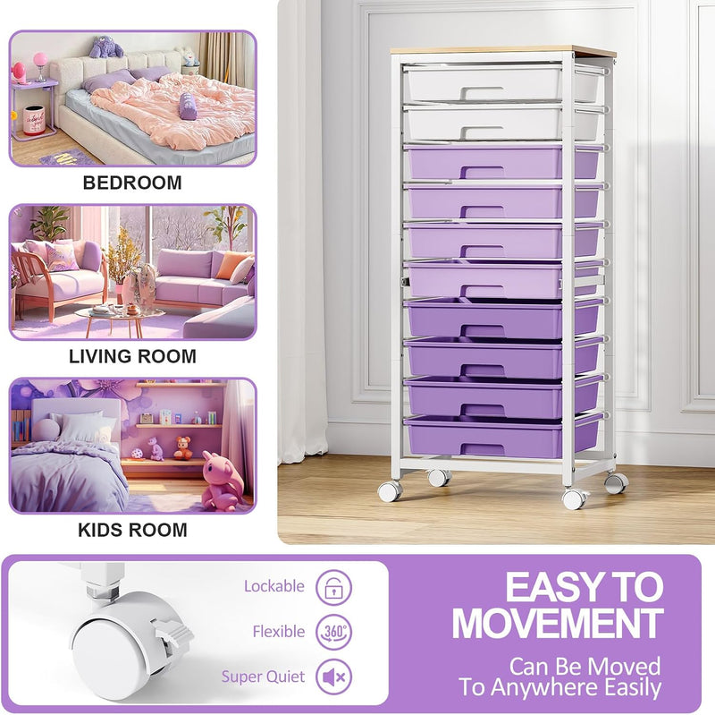 10-Drawer Storage Trolley Rolling Cart with Wooden Top