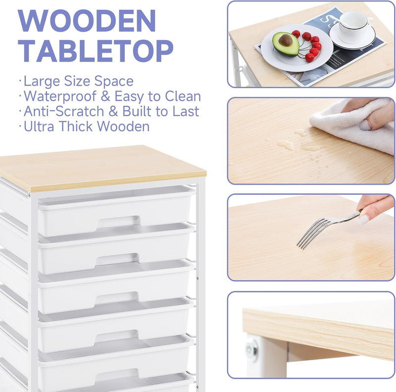 10-Drawer Storage Trolley Rolling Cart with Wooden Top
