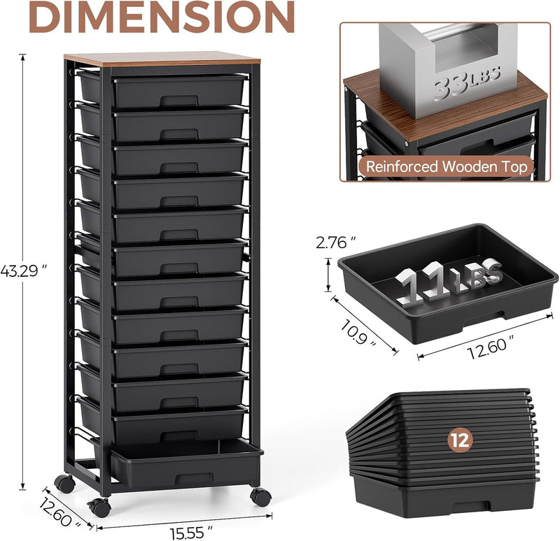 10-Drawer Storage Trolley Rolling Cart with Wooden Top