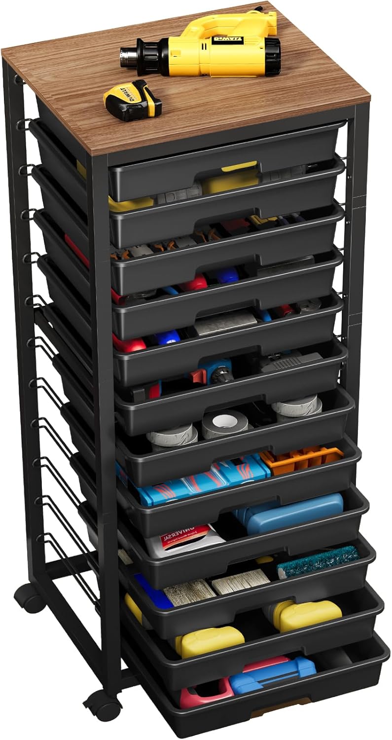 10-Drawer Storage Trolley Rolling Cart with Wooden Top