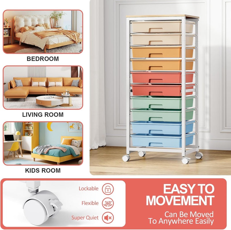 10-Drawer Storage Trolley Rolling Cart with Wooden Top