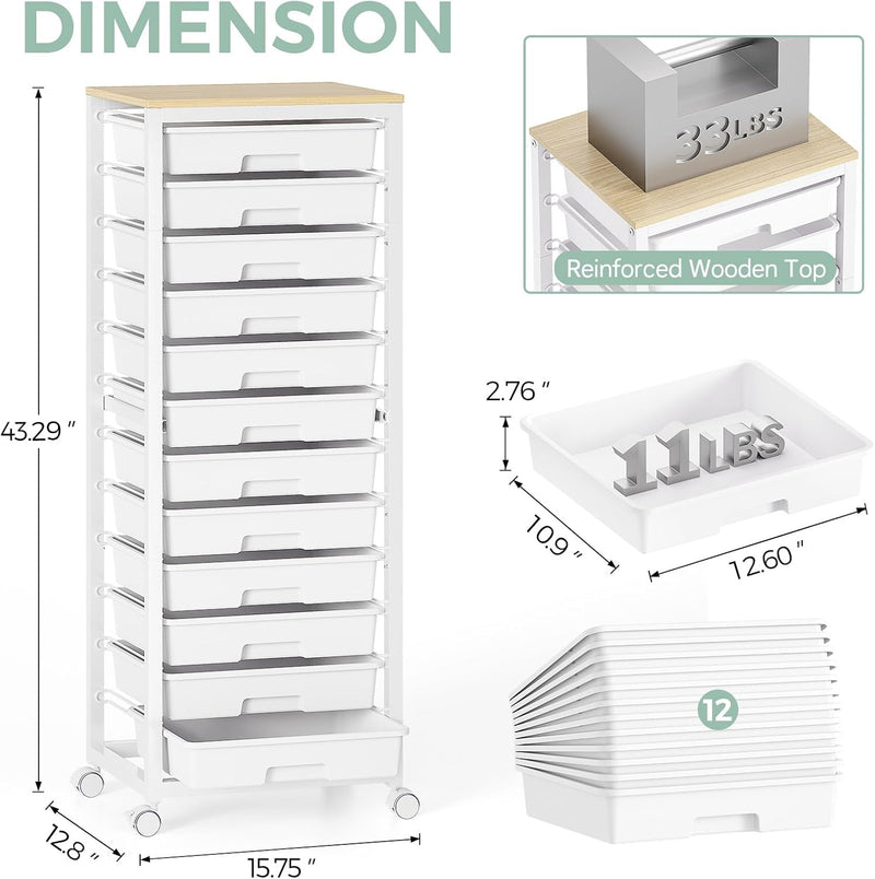 10-Drawer Storage Trolley Rolling Cart with Wooden Top