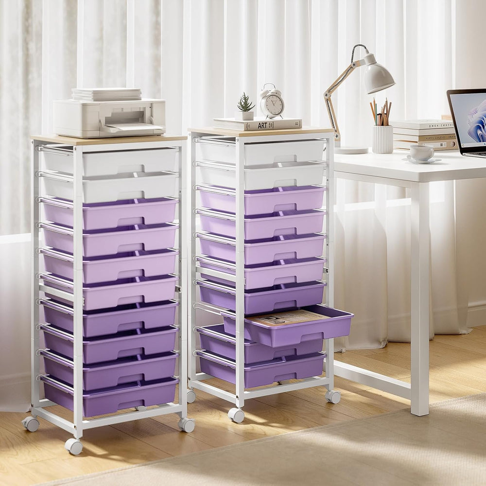 10-Drawer Storage Trolley Rolling Cart with Wooden Top