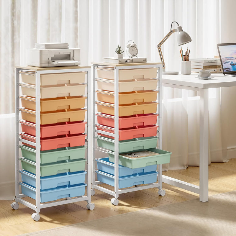 10-Drawer Storage Trolley Rolling Cart with Wooden Top