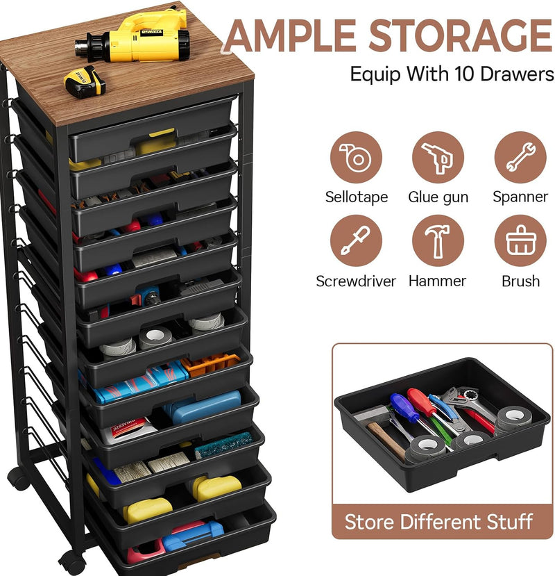 10-Drawer Storage Trolley Rolling Cart with Wooden Top
