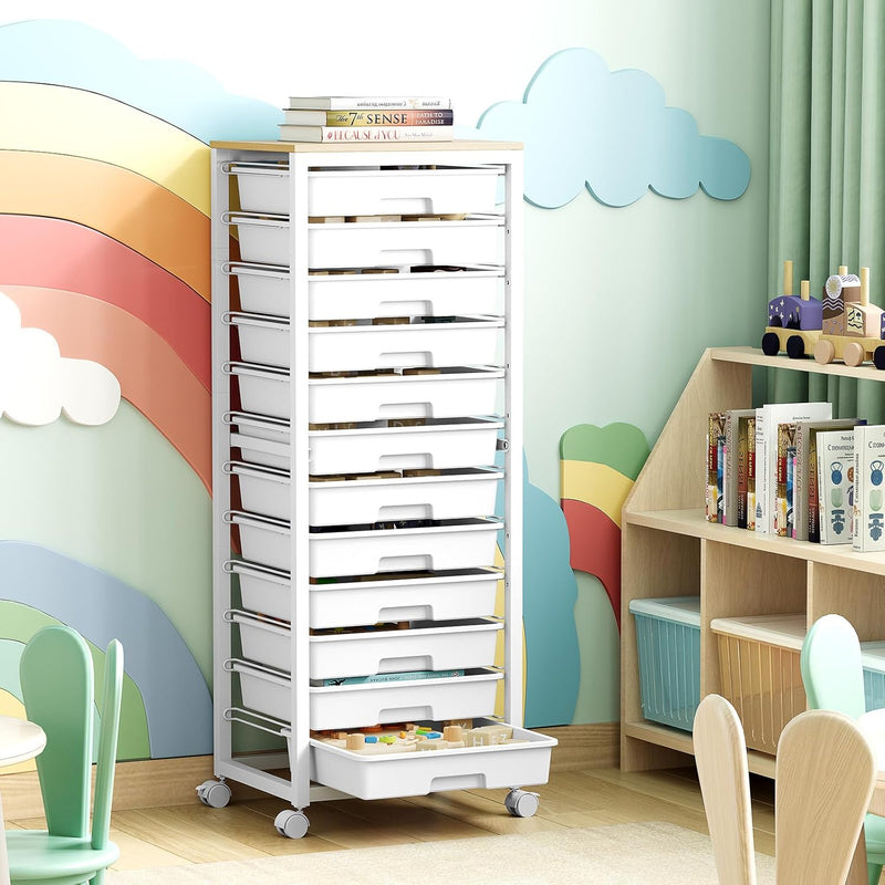 10-Drawer Storage Trolley Rolling Cart with Wooden Top