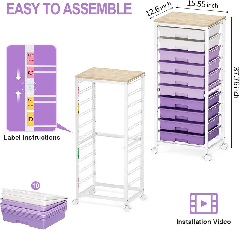 10-Drawer Storage Trolley Rolling Cart with Wooden Top