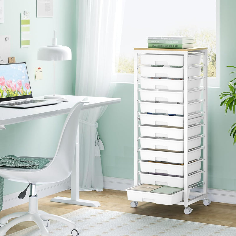 10-Drawer Storage Trolley Rolling Cart with Wooden Top