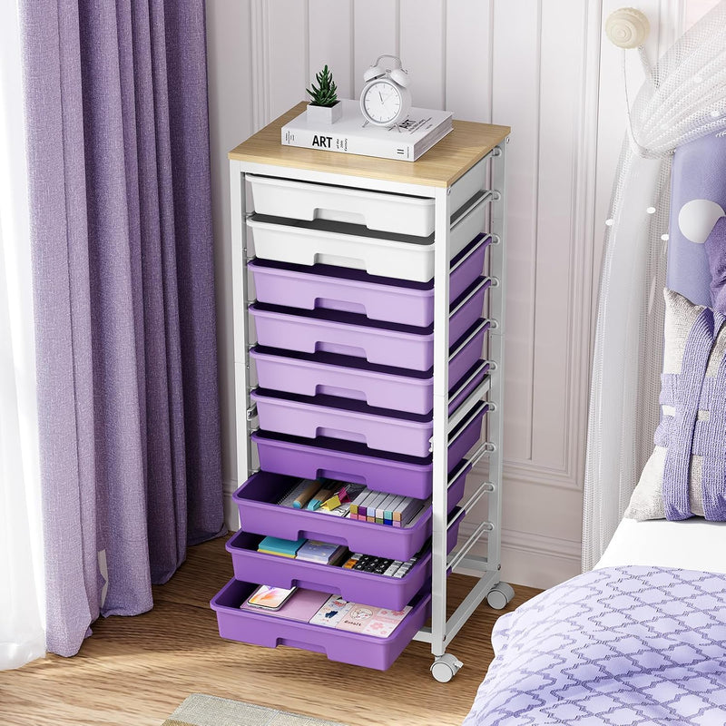 10-Drawer Storage Trolley Rolling Cart with Wooden Top