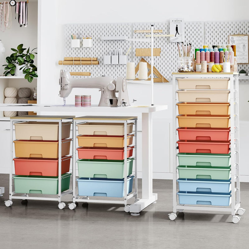 10-Drawer Storage Trolley Rolling Cart with Wooden Top