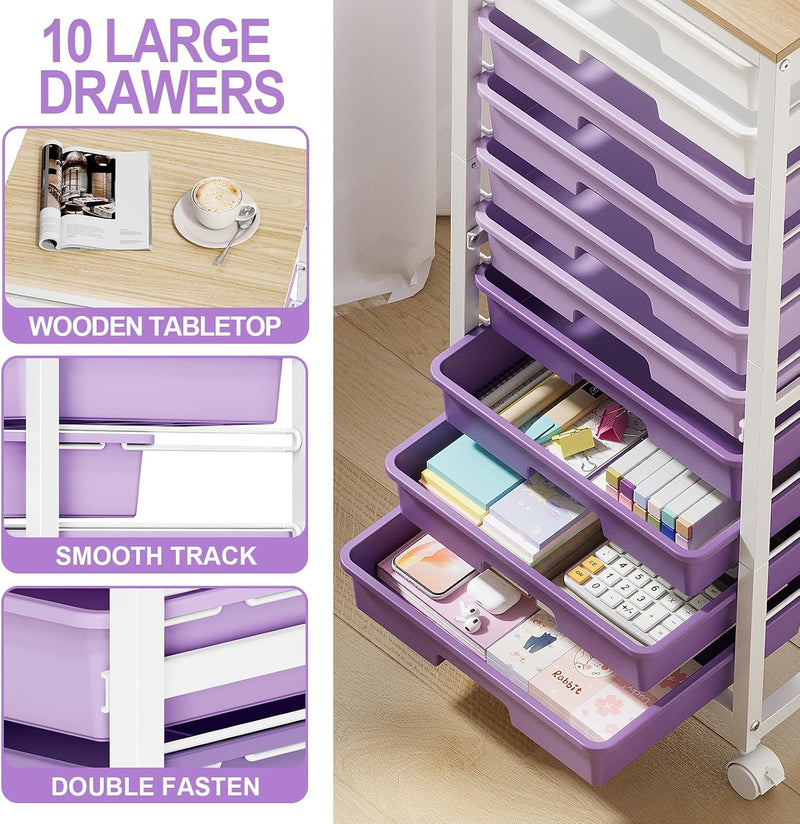 10-Drawer Storage Trolley Rolling Cart with Wooden Top
