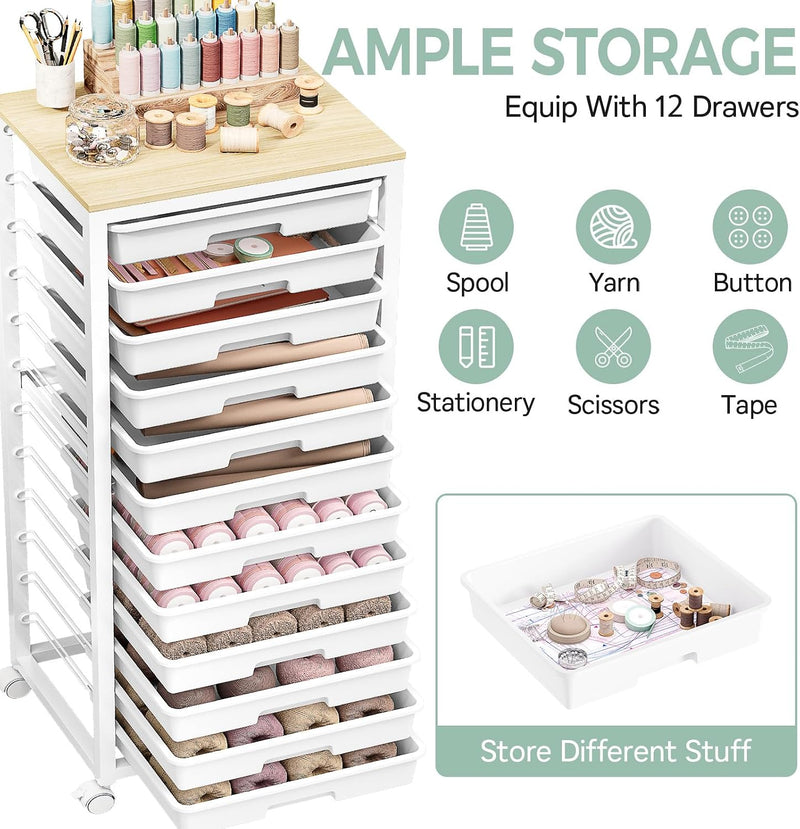 10-Drawer Storage Trolley Rolling Cart with Wooden Top