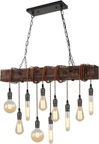 10-Lights Farmhouse Kitchen Island Pendant Light Rustic Wood