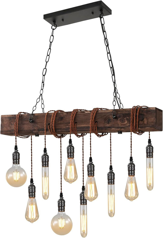10-Lights Farmhouse Kitchen Island Pendant Light Rustic Wood