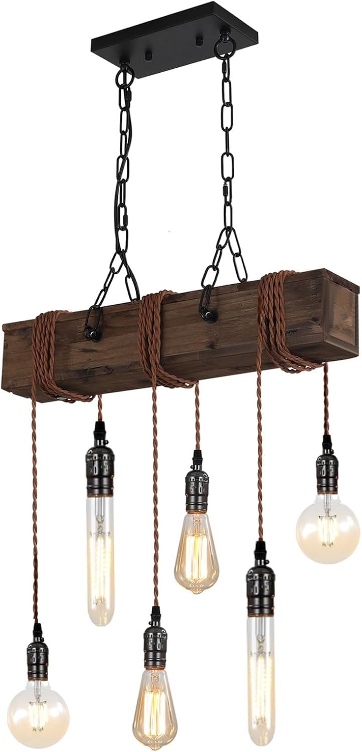 10-Lights Farmhouse Kitchen Island Pendant Light Rustic Wood