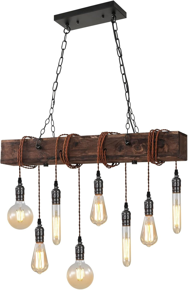 10-Lights Farmhouse Kitchen Island Pendant Light Rustic Wood