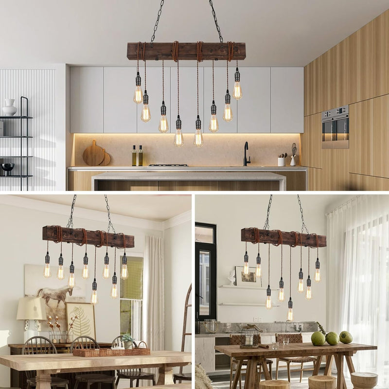 10-Lights Farmhouse Kitchen Island Pendant Light Rustic Wood