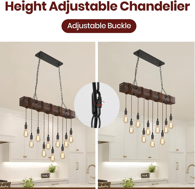 10-Lights Farmhouse Kitchen Island Pendant Light Rustic Wood