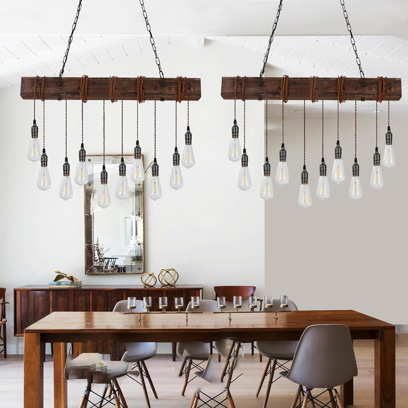 10-Lights Farmhouse Kitchen Island Pendant Light Rustic Wood