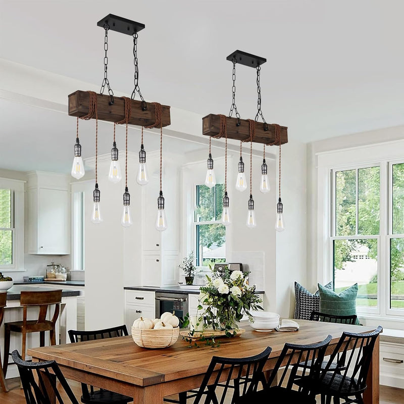10-Lights Farmhouse Kitchen Island Pendant Light Rustic Wood