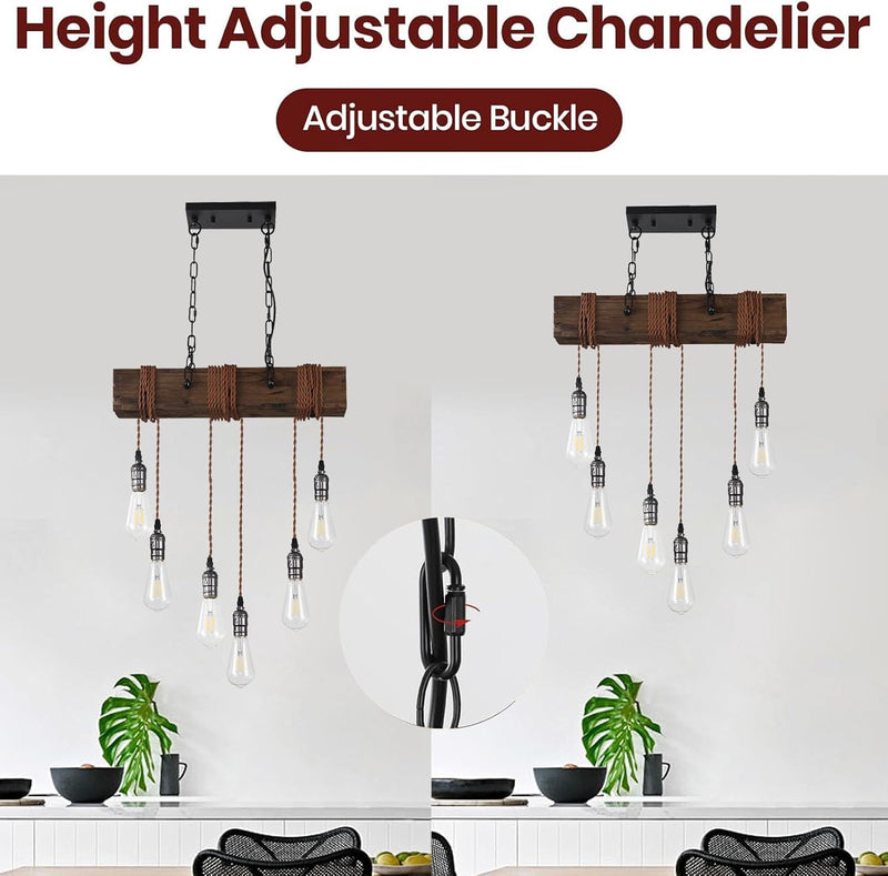 10-Lights Farmhouse Kitchen Island Pendant Light Rustic Wood