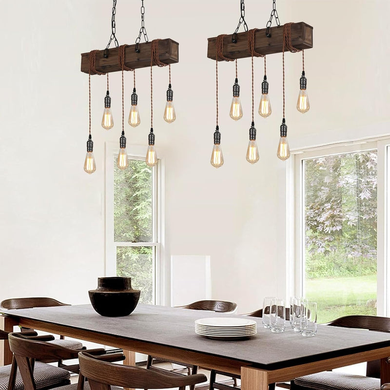 10-Lights Farmhouse Kitchen Island Pendant Light Rustic Wood