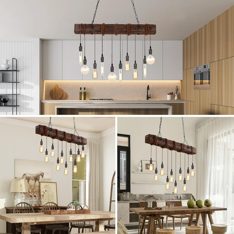 10-Lights Farmhouse Kitchen Island Pendant Light Rustic Wood