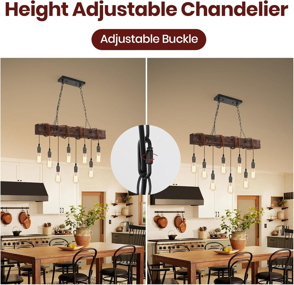 6-Lights Farmhouse Kitchen Island Pendant Light Rustic Wood
