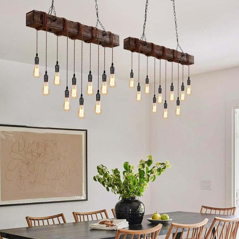 10-Lights Farmhouse Kitchen Island Pendant Light Rustic Wood