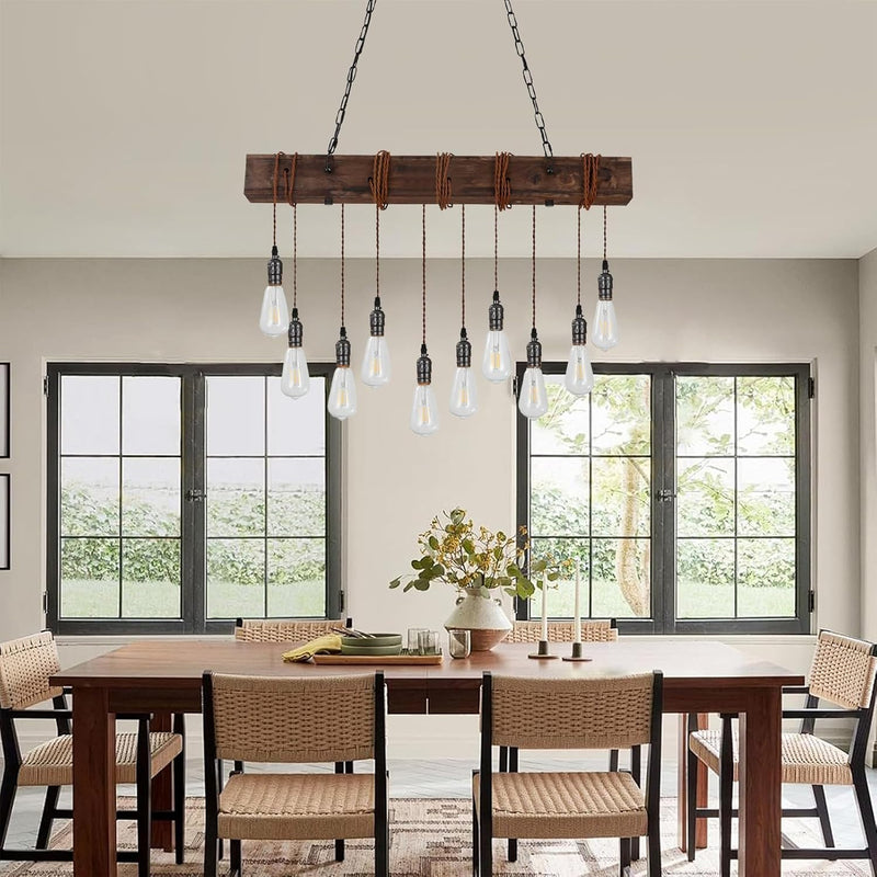 10-Lights Farmhouse Kitchen Island Pendant Light Rustic Wood
